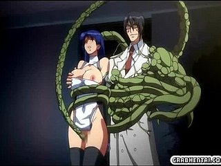 Busty hentai caught and drilled by furry anime tentacles