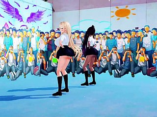 2 Schulmädchen mit riesigen Titten tanzen und ziehen sich allmählich aus (3D HENTAI)